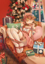Rule 34 | 1girl, bare shoulders, bell, box, brown eyes, brown hair, capelet, character request, christmas, christmas tree, couch, feet, full body, gift, gift box, girl cafe gun, hat, hei yan-m82a1, highres, merry christmas, no shoes, pantyhose, red capelet, ribbon, santa costume, santa hat, short hair, solo, thighhighs, toes, white pantyhose, white thighhighs