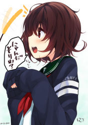 Rule 34 | 10s, 1girl, artist name, brown eyes, brown hair, cat teaser, commentary request, from side, highres, kantai collection, long sleeves, mutsuki (kancolle), mutsuki kai ni (kancolle), neckerchief, nigo (aozoragarou), paw pose, profile, school uniform, serafuku, signature, sleeves past wrists, solo, translation request, twitter username, upper body