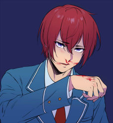 Rule 34 | 10s, 1boy, blood, blood on hands, bloody hand, blue background, bruise, ensemble stars!, hair between eyes, hiwakana6121, injury, male focus, necktie, nosebleed, parted lips, purple eyes, red hair, red necktie, school uniform, shaded face, simple background, solo, suou tsukasa, upper body