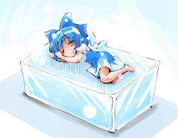 Rule 34 | 1girl, :3, barefoot, blue dress, blue hair, blue skirt, bow, cirno, dress, closed eyes, hair bow, ice, ice block, ice wings, lying, on side, shinapuu, skirt, sleeping, solo, touhou, wings