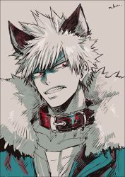 Rule 34 | 1boy, animal ear request, animal ears, bakugou katsuki, boku no hero academia, buckle, chain, clenched teeth, coat, collar, collarbone, fur collar, green coat, male focus, mkm (mkm storage), monochrome, pen (medium), red eyes, simple background, solo, spiked hair, teeth, white background