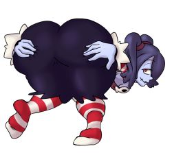 Rule 34 | 1girl, ass, ass grab, bent over, blue hair, blue skin, cerealharem, colored skin, detached sleeves, huge ass, looking back, red eyes, simple background, skullgirls, smile, solo, squigly (skullgirls), stitched mouth, stitches, zombie