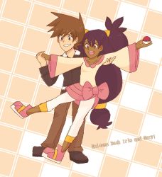 Rule 34 | 1boy, 1girl, argyle, argyle background, argyle clothes, black footwear, black hair, black jacket, brown hair, brown pants, collarbone, creatures (company), full body, game freak, gary oak, grin, hand on another&#039;s arm, holding, holding hands, holding poke ball, iris (pokemon), jacket, leg up, long hair, looking to the side, nintendo, open mouth, outstretched arms, pants, pink footwear, poke ball, pokemon, pokemon (anime), pokemon journeys, shoes, short hair, smile, spiked hair, teeth, upper teeth only, very long hair
