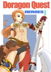 Rule 34 | 1girl, absurdres, axe, bandages, belt, chibi kuro, copyright name, curly hair, dragon quest, dragon quest heroes, dragon quest heroes ii, earrings, gloves, highres, jewelry, long hair, midriff, navel, orange eyes, ornaze (dqhii), solo, square enix, teeth, weapon