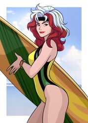 Rule 34 | 1girl, absurdres, artist request, dyed bangs, gloves, headband, highres, marvel, multicolored hair, one-piece swimsuit, rogue (x-men), smile, solo, surfboard, swimsuit, two-tone bodysuit, two-tone hair, x-men, x-men: the animated series, yellow gloves