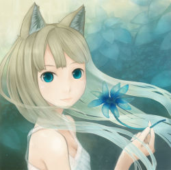 Rule 34 | 1girl, animal ears, aqua eyes, breasts, brown hair, cat ears, cleavage, derivative work, face, flower, haruno, lips, long hair, original, photo-referenced, small breasts, smile, solo