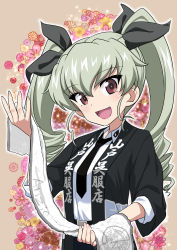 Rule 34 | 1girl, absurdres, anchovy (girls und panzer), anzio school uniform, belt, cape, drill hair, floral background, food, girls und panzer, green hair, hair ribbon, highres, long hair, necktie, open mouth, pizza, red eyes, ribbon, school uniform, shiina excel, skirt, smile, solo, twin drills, twintails