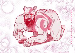 Rule 34 | 1boy, all fours, ass, bara, beard, bishie sparkle, crawling, facial hair, full beard, full body, god of war, golden kamuy, gsenpai18, hairy, highres, kratos (god of war), male focus, manly, mature male, monochrome, muscular, muscular male, nipples, parody, pectorals, pink theme, pose imitation, solo, sparse chest hair, thick ass hair, thick beard, thick eyebrows, thighs, tsurime