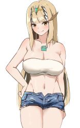 Rule 34 | 1girl, absurdres, blonde hair, breasts, cleavage, denim, denim shorts, hand on own hip, highres, kanuitichrom, large breasts, legs, long hair, looking at viewer, midriff, mythra (xenoblade), navel, seductive smile, shorts, smile, strapless, thighs, tube top, unbuttoned, unzipped, xenoblade chronicles (series), xenoblade chronicles 2, yellow eyes