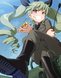 Rule 34 | 10s, 1girl, anchovy (girls und panzer), anzio military uniform, bad id, bad pixiv id, black footwear, black neckwear, boots, drill hair, eating, food, girls und panzer, green hair, knee boots, long hair, long sleeves, military, military uniform, necktie, pairan, pizza, twin drills, twintails, uniform
