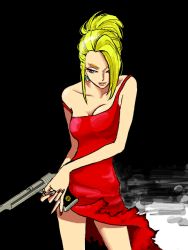 Rule 34 | 1990s (style), 1girl, bare shoulders, blonde hair, breasts, dress, earrings, female focus, final fantasy, final fantasy vii, gun, hair over one eye, handgun, jewelry, long hair, mame wo, nail polish, pistol, red dress, scarlet (ff7), solo, strap slip, torn clothes, weapon