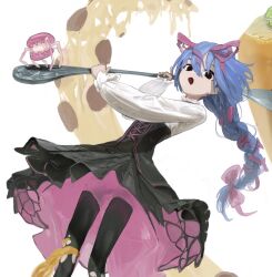 Rule 34 | 1girl, black dress, black eyes, black pantyhose, blue hair, braid, dress, feet out of frame, floating hair, food, food-themed creature, fork, hair between eyes, hair ribbon, highres, holding, holding fork, long bangs, long hair, long sleeves, looking at viewer, macaron, mini person, minigirl, open mouth, original, pantyhose, pink ribbon, ribbon, ribbon braid, shirt, single braid, solo, strapless, strapless dress, tentacles, toriseka, torn clothes, torn pantyhose, white background, white shirt