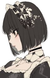Rule 34 | 1girl, black choker, black dress, black eyes, black hair, blush, bob cut, breasts, choker, cleavage, commentary request, dress, frills, hairband, highres, jewelry, kayahara, lolita hairband, medium breasts, mole, mole under eye, necklace, original, parted lips, portrait, profile, short hair, simple background, solo, upper body, white background