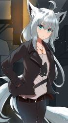 Rule 34 | 1girl, absurdres, ahoge, animal ear fluff, animal ears, belt, black jacket, commentary request, denim, fox ears, fox girl, fox tail, green eyes, hair between eyes, hands in pockets, highres, hololive, jacket, jeans, jewelry, long hair, long sleeves, looking at viewer, necklace, nishiki yuno, open clothes, open jacket, pants, shirakami fubuki, shirt, sidelocks, solo, tail, virtual youtuber, white hair, white shirt