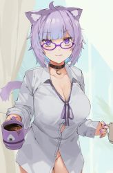 Rule 34 | 1girl, :q, absurdres, ahoge, animal collar, animal ear fluff, animal ears, black collar, blush, bow, bowtie, breasts, cat ears, cat girl, cat tail, coffee, coffee mug, collar, cup, denizen tomo, glasses, highres, holding, holding cup, hololive, large breasts, looking at viewer, mug, naked shirt, nekomata okayu, nekomata okayu (oversized shirt), official alternate costume, purple-framed eyewear, purple bow, purple bowtie, purple eyes, purple hair, shirt, short hair, solo, tail, tongue, tongue out, virtual youtuber, white shirt