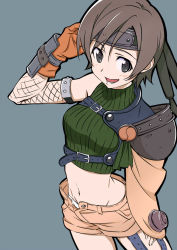 Rule 34 | 1990s (style), 1girl, armor, bare shoulders, blush, brown eyes, brown hair, final fantasy, final fantasy vii, fishnets, from above, gloves, grey background, headband, looking back, midriff, navel, open fly, panties, retro artstyle, ribbed sweater, short hair, shorts, simple background, sleeveless, sleeveless turtleneck, smile, solo, sweater, turtleneck, underwear, unzipped, unzipping, yamamoto shuuhei, yuffie kisaragi