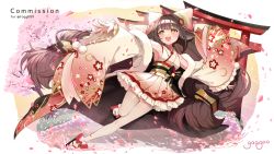 Rule 34 | 1girl, animal ears, azur lane, black footwear, bow, brown hair, cherry blossoms, commission, detached sleeves, falling petals, fang, frilled skirt, frills, full body, fur-trimmed sleeves, fur trim, gaogao (gaogaomegu), geta, hair bow, hair ornament, harutsuki (a dance for the coming spring) (azur lane), harutsuki (azur lane), highres, japanese clothes, kanzashi, kimono, kimono skirt, long hair, long sleeves, obi, obijime, open mouth, outstretched arm, petals, sash, short kimono, skeb commission, skin fang, skirt, smile, solo, tabi, thighhighs, torii, tree, very long hair, white thighhighs, wide sleeves, yellow eyes