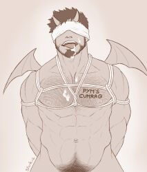 Rule 34 | 1boy, abs, arms behind back, bara, bdsm, beard, blank page drawings, blindfold, bondage, bound, chest hair, completely nude, cum, cum on body, cum on male, cum on pectorals, demon boy, demon horns, demon wings, english text, facial, facial hair, highres, horns, large pectorals, leg hair, licking, licking cum, male focus, male pubic hair, mature male, monochrome, muscular, muscular male, navel, navel hair, nipples, nude, original, out-of-frame censoring, pectorals, pubic hair, short hair, solo, stomach, tongue, tongue out, underbust, upper body, wings