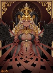 Rule 34 | 1girl, armlet, bare shoulders, bikini, bikini top only, black bikini, black wings, breasts, chain, cleavage, closed eyes, closed mouth, cross, dark-skinned female, dark skin, demon girl, demon wings, earrings, facing viewer, feathered wings, fingernails, gold chain, halo, halo behind head, hands up, headpiece, highres, horn ornament, horns, jewelry, large breasts, long fingernails, long hair, nail polish, original, pointy ears, ring, signature, silver hair, solo, straight hair, swimsuit, tassel, vana, very long hair, white nails, wings