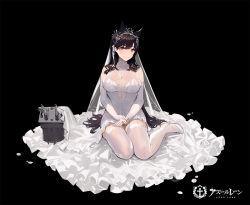 Rule 34 | 1girl, alternate costume, animal ears, atago (azur lane), azur lane, black background, black hair, breasts, bridal veil, brown eyes, closed mouth, commentary request, copyright name, dress, elbow gloves, extra ears, flower, gloves, hair ribbon, jewelry, kishiyo, large breasts, logo, long hair, looking at viewer, mole, mole under eye, petals, ribbon, ring, smile, solo, swept bangs, thighhighs, turret, veil, wedding, wedding band, wedding dress, white dress, white flower, white gloves, white ribbon