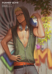 Rule 34 | 10s, 1boy, against fence, artist name, ball, bare shoulders, black-framed eyewear, blonde hair, brown hair, cable, character name, collarbone, copyright name, cowboy shot, english text, fence, glasses, graffiti, haikyuu!!, hand on own hip, headphones, headphones around neck, holding, holding ball, hood, hoodie, ivy, light smile, looking to the side, male focus, over shoulder, pants, parted lips, partially unzipped, penguin frontier, plant, pom pom (clothes), sleeveless, sleeveless hoodie, solo, sportswear, standing, toned, track pants, tsukishima kei, volleyball (object), wooden fence, zipper