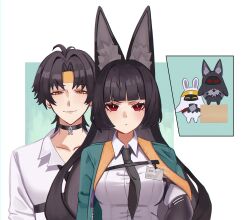 1boy 1girl absurdres animal_ear_fluff animal_ears asaba_harumasa asaba_harumasa_bangboo black_hair black_necktie blunt_bangs box breasts by_nearreya cardboard_box closed_mouth commentary english_commentary fox_ears fox_girl headband height_difference highres hoshimi_miyabi hoshimi_miyabi_bangboo jacket long_hair looking_at_viewer medium_breasts necktie on_box parted_bangs red_eyes shirt short_hair smile standing_on_box standing_on_object white_shirt yellow_eyes zenless_zone_zero