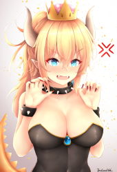 Rule 34 | 1girl, anger vein, black collar, black leotard, blonde hair, blue eyes, blush, bowsette, bracelet, breasts, cleavage, collar, commentary request, crown, endsmall min, fangs, fingernails, gradient background, grey background, hair between eyes, highres, horns, jewelry, large breasts, leotard, long fingernails, long hair, mario (series), md5 mismatch, mini crown, nail polish, new super mario bros. u deluxe, nintendo, nose blush, open mouth, ponytail, red nails, resolution mismatch, signature, solo, source larger, spiked bracelet, spiked collar, spiked tail, spikes, strapless, strapless leotard, super crown, tail, tail raised, v-shaped eyebrows