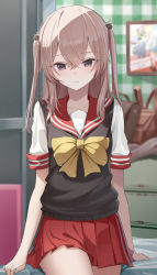 Rule 34 | 1girl, amco, bag, black vest, blurry, blurry background, blush, bow, breasts, cardigan vest, closed mouth, collarbone, crossed bangs, highres, inui sajuna, long hair, looking at viewer, on bed, pink hair, pleated skirt, purple eyes, red sailor collar, red skirt, sailor collar, school bag, school uniform, serafuku, shirt, sitting, skirt, small breasts, solo, sono bisque doll wa koi wo suru, two side up, vest, white shirt, yellow bow