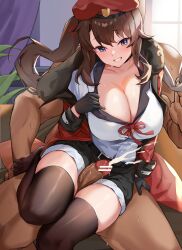 Rule 34 | 1boy, 1girl, absurdres, bar censor, black shorts, black thighhighs, blue eyes, breasts, brown hair, censored, cleavage, clothed female nude male, cum, ejaculation, erection, female commander (girls&#039; frontline), girls&#039; frontline, grin, hetero, highres, indoors, jacket, large breasts, long hair, long sleeves, mr.zhuo, no shoes, nude, penis, projectile cum, red jacket, shirt, shorts, side ponytail, smile, solo focus, termichan (not-a-bot), thigh sex, thighhighs, thighs, white shirt