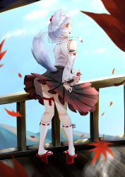 Rule 34 | 1girl, animal ears, autumn leaves, bare shoulders, black skirt, day, detached sleeves, geta, hara, hat, highres, inubashiri momiji, leaf, looking at viewer, looking back, medium skirt, multicolored clothes, multicolored skirt, open mouth, outdoors, pom pom (clothes), red eyes, red skirt, ribbon-trimmed sleeves, ribbon trim, shirt, short hair, silver hair, skirt, sleeveless, sleeveless shirt, solo, tail, tokin hat, touhou, turtleneck, white shirt, wolf ears, wolf tail