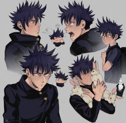 Rule 34 | ..., 1boy, aged down, animal, backpack, bag, black bag, black hair, black jacket, blue eyes, breath, child, closed eyes, closed mouth, commentary, english commentary, frown, fushiguro megumi, grey background, highres, holding, holding animal, holding strap, jacket, jujutsu kaisen, kentret, long sleeves, looking at viewer, looking to the side, male focus, multiple views, open mouth, rabbit, school uniform, shirt, short hair, short sleeves, spiked hair, standing, teeth