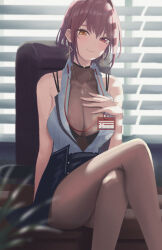 Rule 34 | 1girl, black bra, blurry, bodystocking, bra, breasts, chair, cleavage, collared shirt, crossed legs, depth of field, earrings, haro art, highres, hololive, houshou marine, houshou marine (businesswoman), id card, jewelry, large breasts, looking at viewer, necklace, official alternate costume, pantyhose, pencil skirt, red eyes, shirt, short hair, sitting, skirt, sleeveless, sleeveless shirt, smile, solo, underwear, virtual youtuber, white shirt, yellow eyes