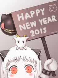Rule 34 | 10s, 1girl, 2015, abyssal ship, blush, colored skin, dej (shiori2525), happy new year, highres, holding, horns, kantai collection, long hair, looking at viewer, mittens, new year, northern ocean princess, orange eyes, sheep, shiori2525, signpost, white hair, white skin