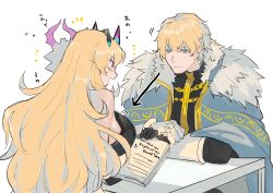 Rule 34 | 1boy, 1girl, arms on table, bare shoulders, blonde hair, blue cape, blue eyes, blush, book, breasts, cape, english text, barghest (fate), barghest (second ascension) (fate), fake horns, fate/grand order, fate (series), fur-trimmed cape, fur trim, gauntlets, gawain (fate), hair between eyes, highres, holding, holding book, horned headwear, horns, long hair, looking at another, looking at breasts, open mouth, red eyes, sidelocks, smile, white background, x10-a