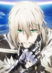 Rule 34 | 1boy, armor, artist request, bedivere (fate), castle, commentary request, fate/grand order, fate (series), green eyes, grey hair, hair between eyes, highres, looking at viewer, male focus, official art, parted lips, portrait, reflection, sky, solo, teeth
