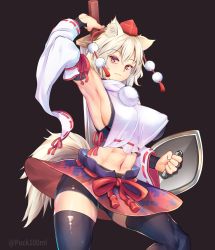 Rule 34 | 1girl, abs, animal ear fluff, animal ears, arm up, black background, black thighhighs, breasts, closed mouth, covered erect nipples, detached sleeves, hat, highres, holding, holding shield, holding sword, holding weapon, inubashiri momiji, large breasts, long sleeves, looking at viewer, muscular, muscular female, navel, pom pom (clothes), puck100ml, red eyes, ribbon-trimmed sleeves, ribbon trim, shield, short hair, sideboob, simple background, solo, sword, tail, thighhighs, thighs, tokin hat, toned, touhou, weapon, white hair, wolf ears, wolf tail