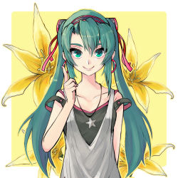 Rule 34 | 1girl, earrings, green eyes, green hair, hair ribbon, hatsune miku, highres, hummer (sasanqua-sh), jewelry, long hair, matching hair/eyes, necklace, off shoulder, ribbon, smile, solo, twintails, vocaloid