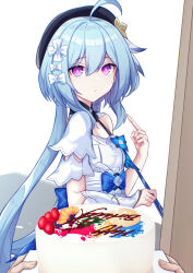 Rule 34 | 1girl, absurdres, ahoge, birthday cake, black headwear, blue hair, bow, cake, closed mouth, dress, food, griseo, griseo (starry impression), hair between eyes, hair bow, hat, highres, holding, holding paintbrush, honkai (series), honkai impact 3rd, jo an, long hair, looking at viewer, paintbrush, pointing, pointing at self, pov, pov hands, purple eyes, single bare shoulder, solo focus, very long hair, white bow, white dress