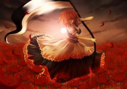 Rule 34 | 1girl, breasts, cleavage, dress, female focus, flower, frills, gradient background, hair bobbles, hair ornament, large breasts, mountain, nature, onozuka komachi, outdoors, petals, plant, red eyes, red hair, red theme, scythe, sky, solo, spider lily, sunset, touhou, yuha (yh-krm)