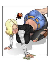 Rule 34 | 10s, 1girl, all fours, android 18, ass, blonde hair, blue eyes, blush, breasts, buttjob, disembodied penis, dragon ball, dragon ball gt, dragon ball super, dragonball z, fingernails, hanging breasts, hetero, huge ass, huge breasts, huge penis, kamina1978, long fingernails, mature female, money, nail polish, patreon logo, penis, pink lips, pink nails, short hair, smile, thick thighs, thighhighs, thighs, uncensored, wide hips