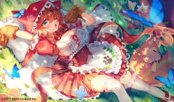 Rule 34 | 1girl, animal, animal ears, animal hands, animal hood, apron, arm up, blue butterfly, blush, braid, breasts, brown gloves, brown hair, bug, butterfly, cleavage, closed eyes, commentary request, fake animal ears, flower, frilled apron, frills, gloves, grass, green eyes, hair between eyes, hood, hood up, insect, large breasts, long hair, lying, mebaru, nijisanji, one eye closed, open mouth, paw gloves, plaid, plaid skirt, puffy short sleeves, puffy sleeves, red skirt, shirt, short sleeves, skirt, solo, underbust, virtual youtuber, waist apron, warabeda meiji, white apron, white flower, wolf, yawning