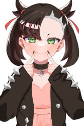 Rule 34 | 1girl, asymmetrical bangs, bad id, bad pixiv id, black choker, black hair, black jacket, black nails, blush, choker, closed mouth, commentary request, creatures (company), dress, earrings, fingersmile, game freak, green eyes, hair ribbon, hands up, jacket, jewelry, looking at viewer, marnie (pokemon), medium hair, nail polish, nintendo, okuro zmzm, open clothes, open jacket, pink dress, pokemon, pokemon swsh, red ribbon, ribbon, simple background, smile, solo, upper body, white background