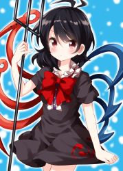 Rule 34 | 1girl, :/, ahoge, arm at side, arm up, asymmetrical wings, black dress, black hair, blue background, blush, bow, cowboy shot, dotted background, dress, highres, holding, holding polearm, holding weapon, houjuu nue, looking at viewer, pinky out, polearm, red bow, red eyes, red neckwear, ruu (tksymkw), short dress, short hair, short sleeves, skirt hold, solo, standing, swept bangs, touhou, trident, weapon, wings