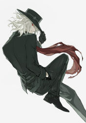 Rule 34 | 1boy, absurdres, edmond dantes (fate), edmond dantes (first ascension) (fate), elaine-didaea, fate/grand order, fate (series), fedora, formal, hair over one eye, hat, highres, jacket, long sleeves, looking at viewer, male focus, red eyes, short hair, simple background, solo, suit, wavy hair, white hair