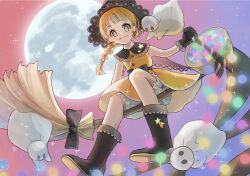 Rule 34 | 1girl, basket, black bow, black cape, black footwear, black headwear, blonde hair, boots, bow, braid, broom, broom riding, cape, dress, ghost, halloween, highres, holding, holding basket, long hair, looking at viewer, moon, naname1129, night, night sky, original, outdoors, sidesaddle, sky, witch, yellow dress