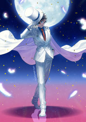 Rule 34 | 1boy, blue eyes, blue shirt, brown hair, cape, collared shirt, formal, full body, full moon, gloves, grin, hand in pocket, hat, highres, jacket, kaitou kid, long sleeves, looking at viewer, magic kaito, male focus, monocle, moon, necktie, pant suit, pants, red necktie, remsor076, shirt, short hair, smile, solo, suit, twitter username, white cape, white gloves, white hat, white jacket, white pants, wing collar