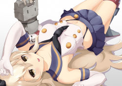 Rule 34 | 1girl, black hairband, black panties, blonde hair, blue skirt, crop top, elbow gloves, gloves, grey eyes, hairband, highleg, highleg panties, highres, kantai collection, long hair, lying, microskirt, on back, panties, pleated skirt, rensouhou-chan, sailor collar, shimakaze (kancolle), skirt, solo, striped clothes, striped thighhighs, thighhighs, underwear, white gloves, yuyunatsuki