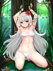 Rule 34 | 1girl, armpits, arms up, artist name, bandeau, bare shoulders, bdsm, bikini, blunt bangs, blush, bondage, bound, breasts, brown eyes, closed mouth, collarbone, day, dungeon and fighter, forest, grass, grey hair, kneeling, long hair, looking at viewer, nature, navel, outdoors, parted lips, plant, pointy ears, sarong, shaojiang, side-tie bikini bottom, signature, small breasts, solo, swimsuit, thighs, tree, very long hair, vines, white bikini
