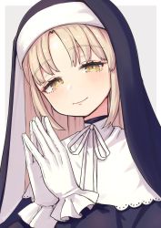 Rule 34 | 1girl, blonde hair, commentary request, gloves, habit, highres, hoshizono kanon (artist), looking at viewer, neck ribbon, nijisanji, nun, own hands together, ribbon, sister claire, sister claire (1st costume), smile, solo, traditional nun, upper body, virtual youtuber, white gloves, white ribbon, yellow eyes