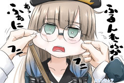 Rule 34 | beret, black bow, black headwear, black sailor collar, blue hair, blush, bow, brown hair, captain nemo (fate), cheek pull, commentary request, fate/grand order, fate (series), flying sweatdrops, fujimaru ritsuka (male), glasses, gradient hair, green eyes, hat, head tilt, highres, long hair, long sleeves, looking at viewer, multicolored hair, nemo (fate), neon-tetora, open mouth, professor nemo (fate), round eyewear, sailor collar, simple background, sleeves past fingers, sleeves past wrists, striped, striped bow, teeth, upper body, upper teeth only, white background